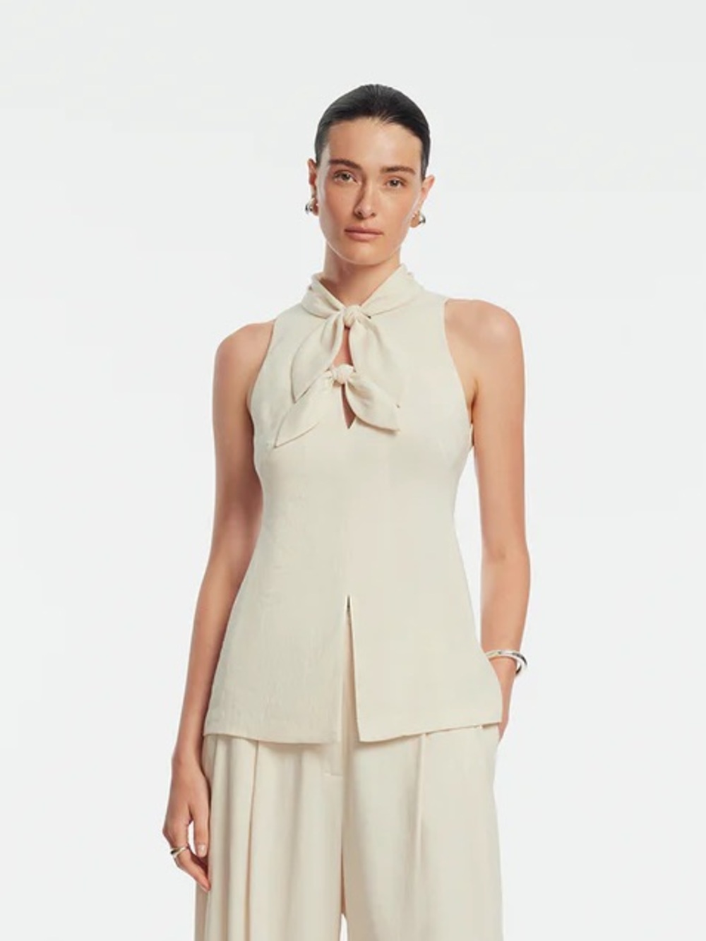 Sleeveless Cream Tie-Neck Top